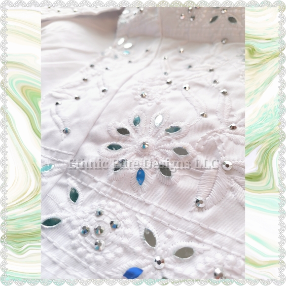 New White embroidered ankle pants with hand cut mirror work with drawstring - Picture 3 of 10